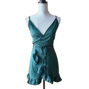 Emerald Green Satin Wrap Ruffle Mini Dress